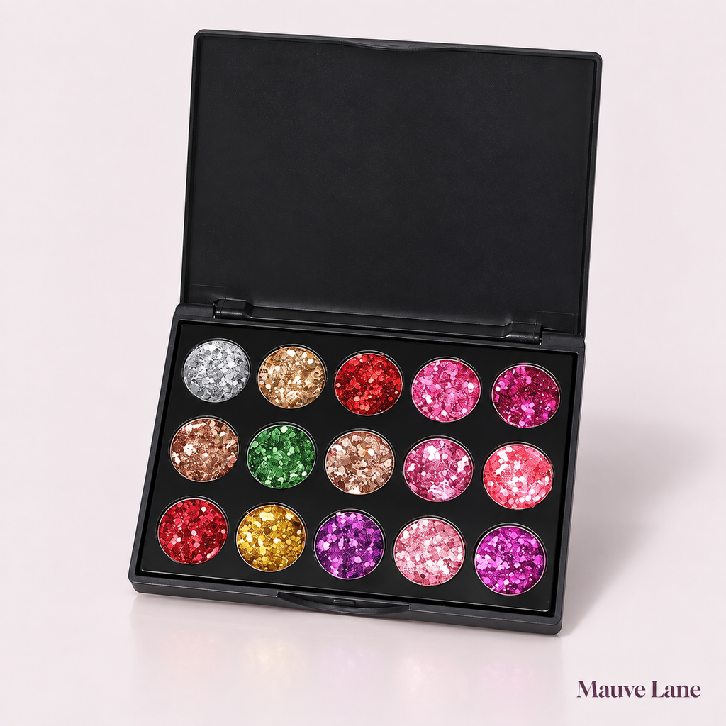 15-Color Glitter Eyeshadow Palette - studio photo