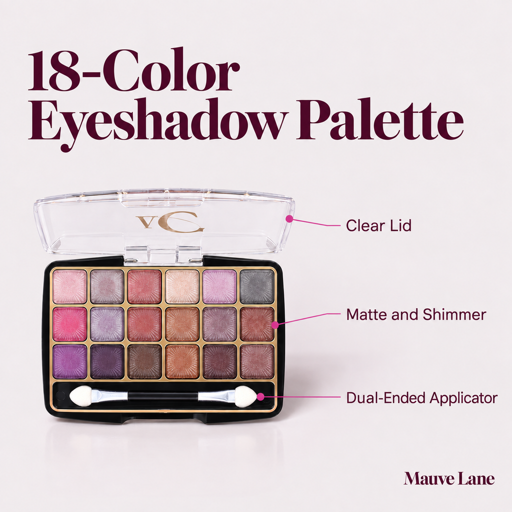 18-Color Eyeshadow Palette, Matte and Shimmer - key features