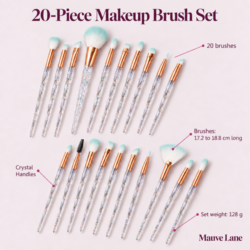 20-Piece Makeup Brush Set, Crystal Handles - key features