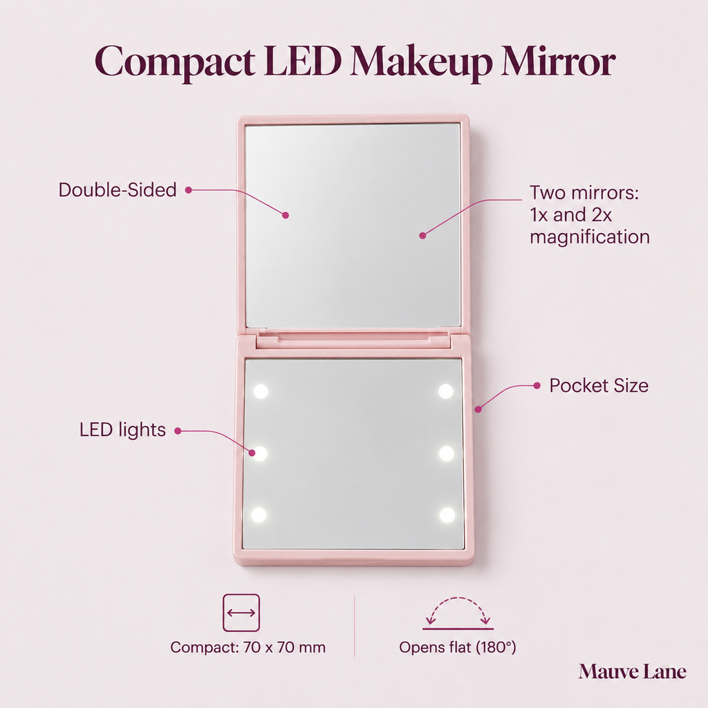 Compact LED Makeup Mirror, Double-Sided, Pocket Size - key features