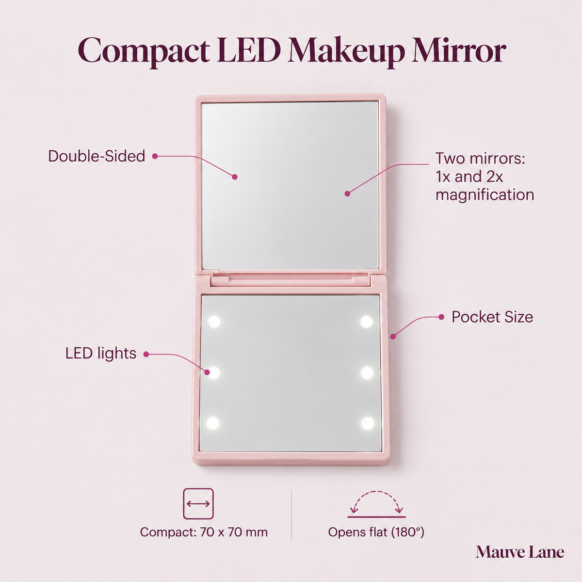 Compact LED Makeup Mirror, Double-Sided, Pocket Size - key features