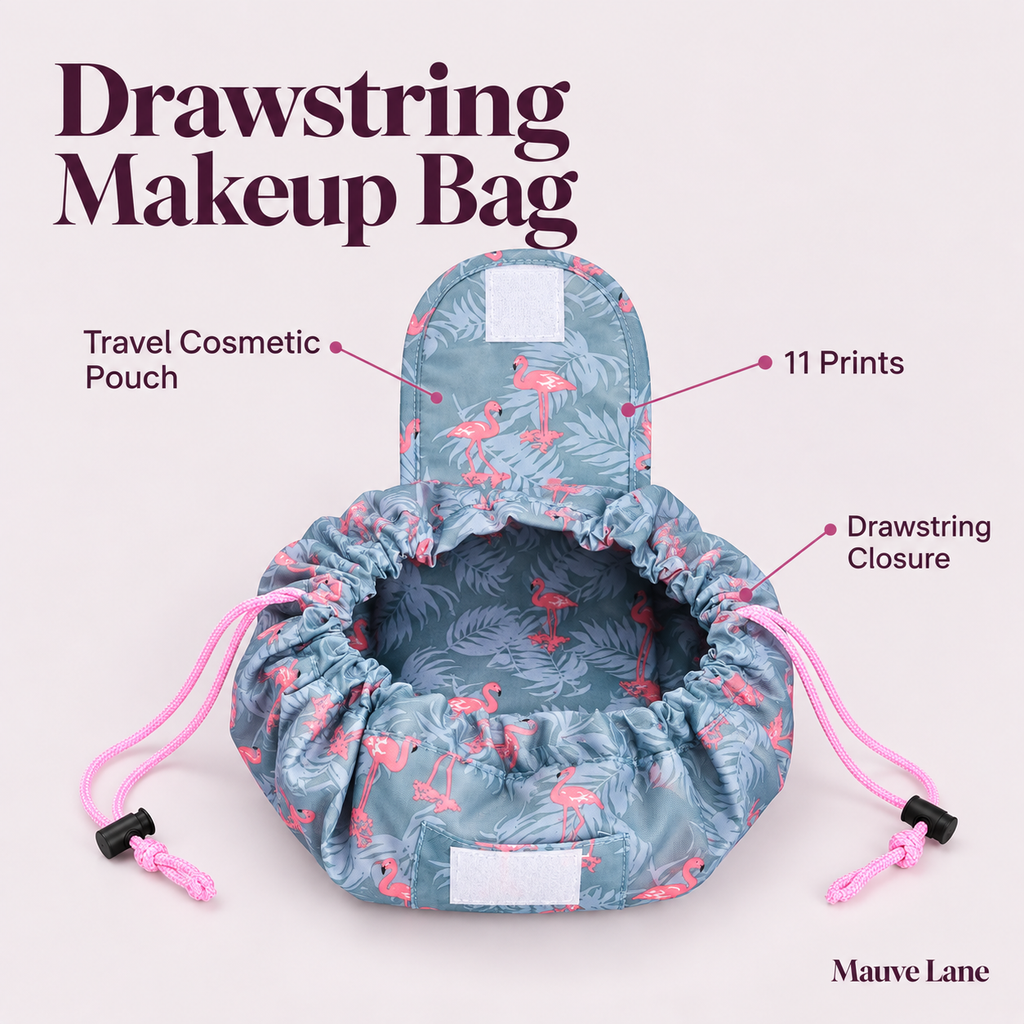 Drawstring Makeup Bag, Travel Cosmetic Pouch, 11 Prints - key features
