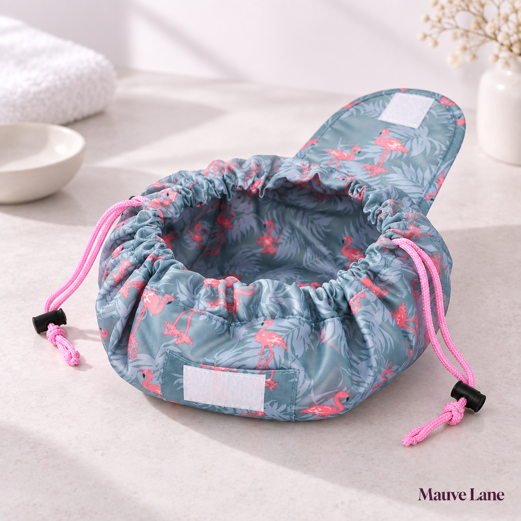 Drawstring Makeup Bag, Travel Cosmetic Pouch, 11 Prints - detail shot