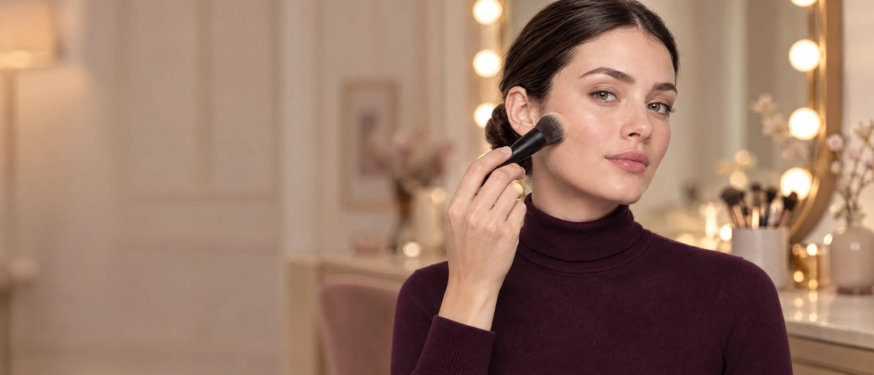 Young woman in a plum turtleneck applying foundation with a brush at a lighted vanity