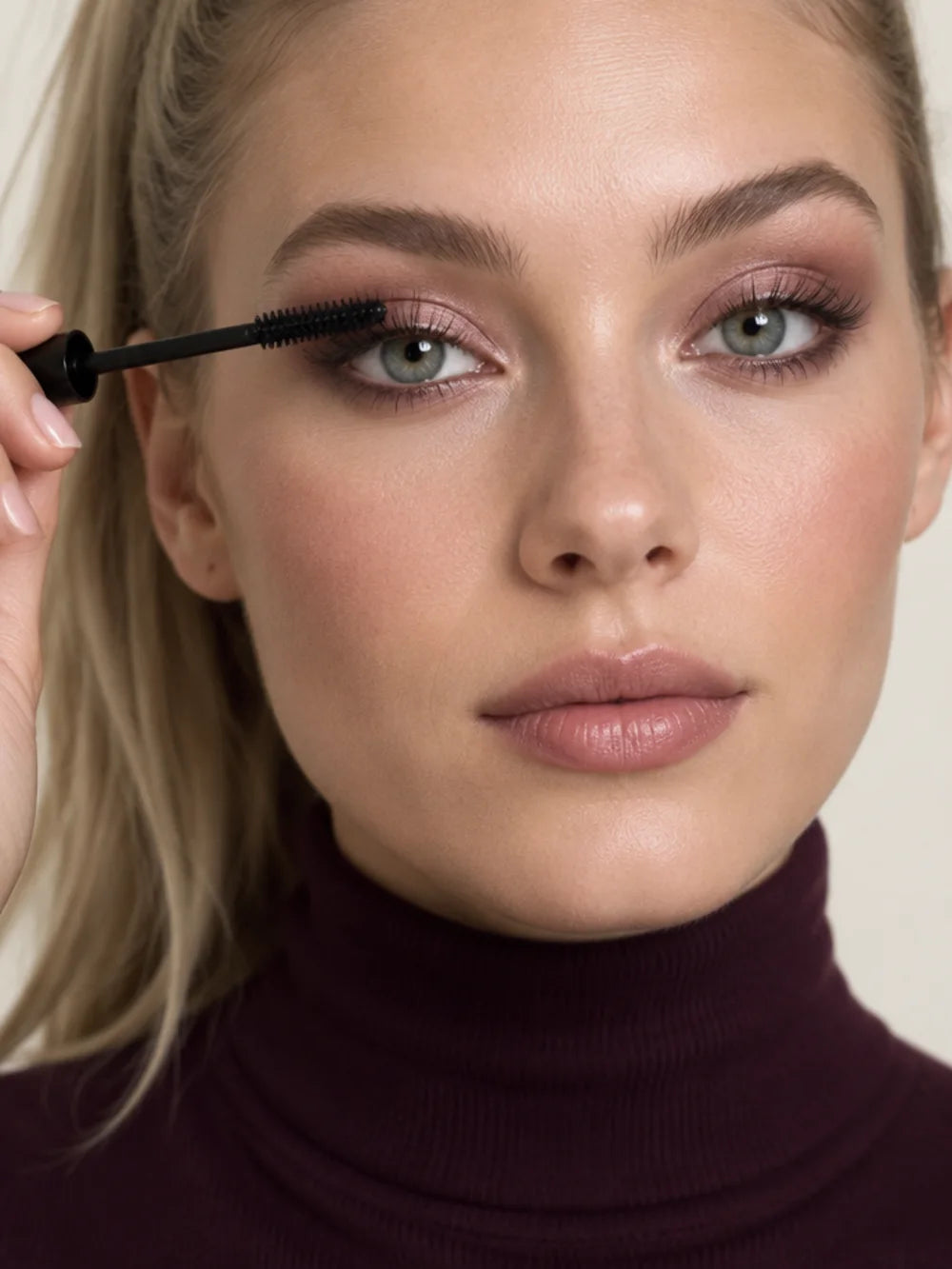 Young woman in a plum turtleneck applying mascara